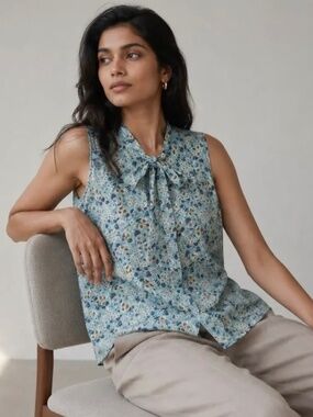 Anna Sui Floral Top Forget Me Knot Floral Silk Sleeveless Button Down NWT